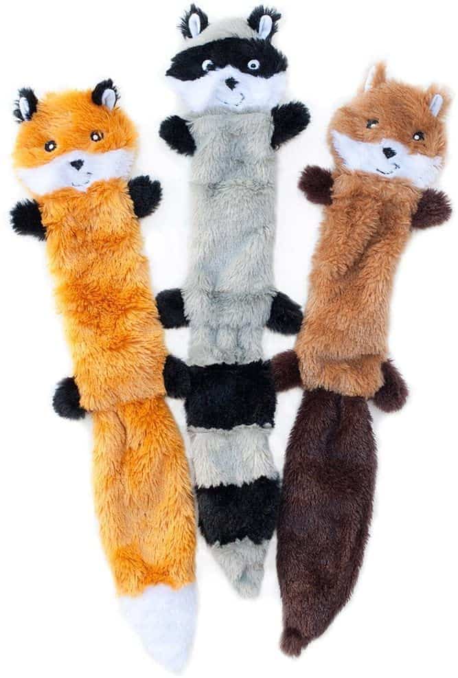 ZippyPaws - Skinny Peltz No Stuffing Squeaky Plush Dog Toy, Fox, Raccoon, and Squirrel