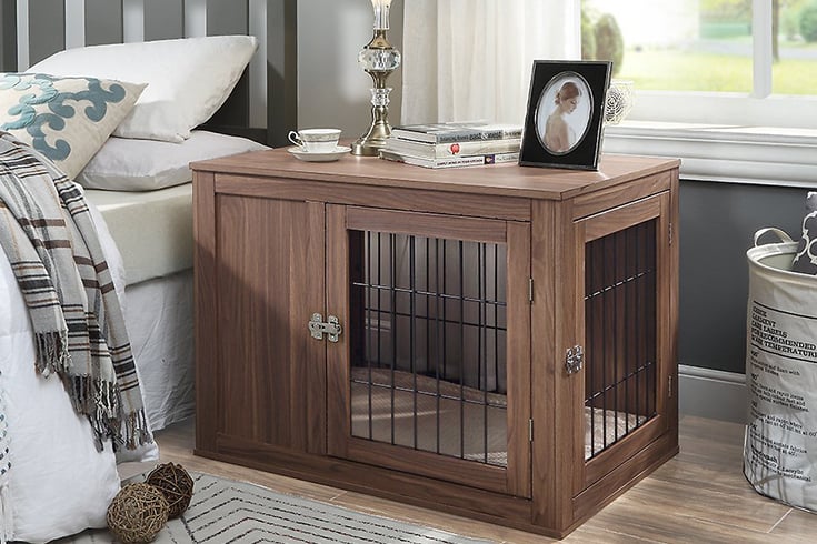 Unipaws Wooden Wire Double Door Furniture End Table Dog Crate