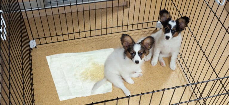 Two puppies papillon inside the crate