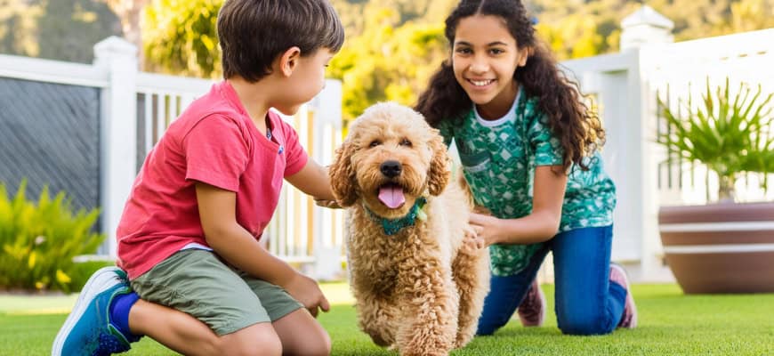 goldendoodle puppy playing with two kids