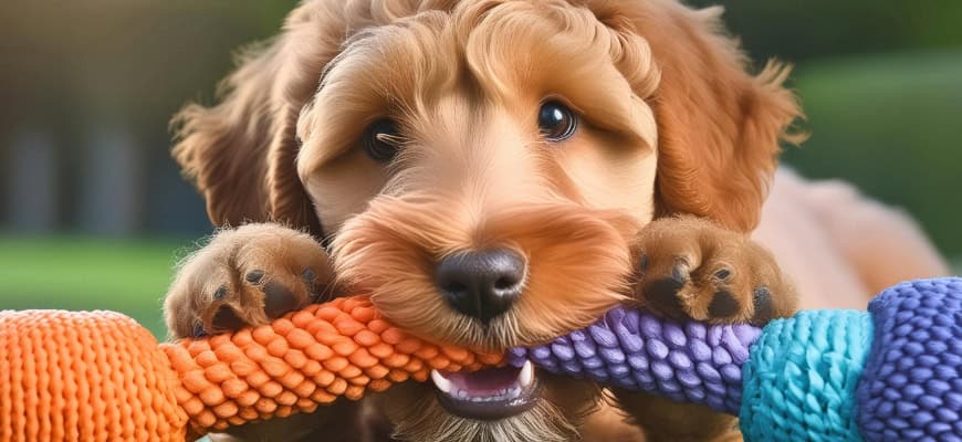 Goldendoodle chewing color toy